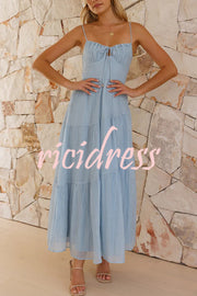 Solid Color Sleeveless Suspender Pleated Back Maxi Dress