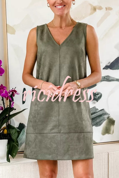 Found Your Style Faux Suede V-neck Sleeveless Shift Mini Dress