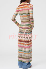 Anna Knit Colorful Herringbone Print Shirt Neck Button Long Sleeve Slim-fit Long Cardigan