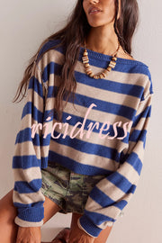 Striped Print Crew Neck Long Sleeve Loose Knitted Sweater