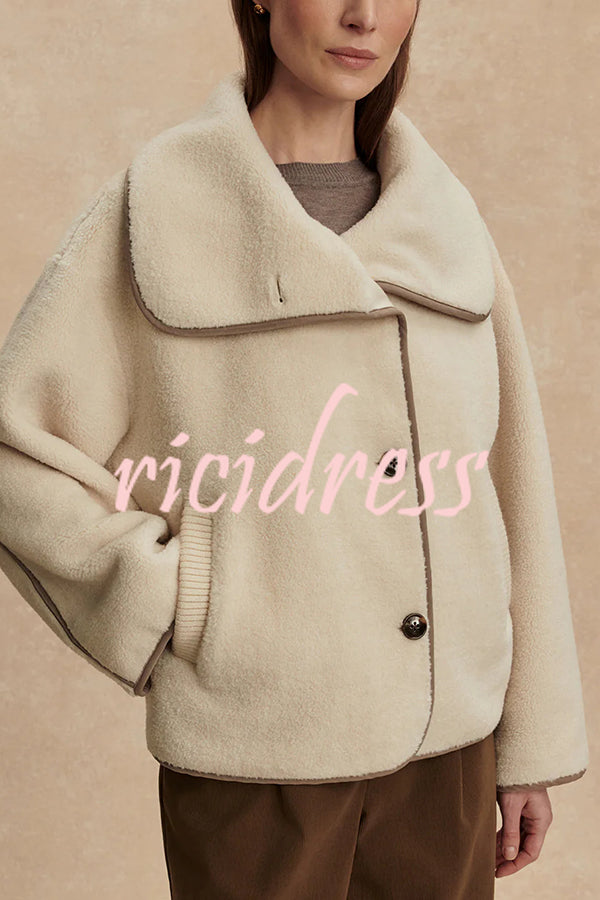 Romane Faux Fleece Fabric Contrast Trim Long Sleeve Knitted Pocket Lapel Loose Jacket