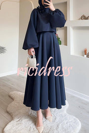 Solid Color Flower-embellished Lantern Sleeve Loose Top and Casual Maxi Skirt Set