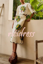 Parrot Print Round Neck Loose Crop Top and Elastic Waist Pocket Casual Midi Skirt Set
