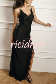 Breezy City Fall SatinLace Petal Trim Slip Tie-up H-line Slit Maxi Dress