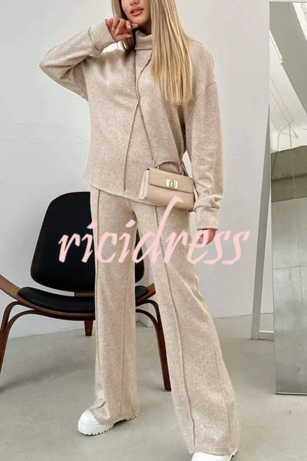 Solid Color Casual Knitted High Neck Long Sleeve Top and Elastic Waist Loose Pants Set