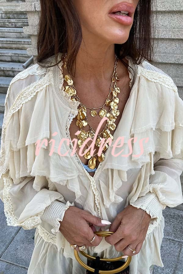 Autumn Boho Chiffon Lace Trim Ruffle Balloon Sleeve Blouse