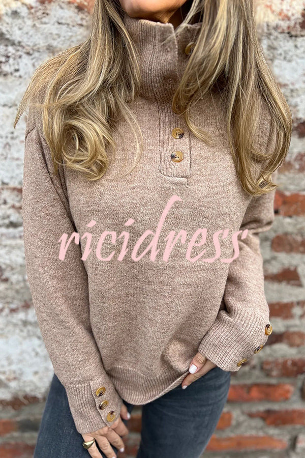 Solid Color High Collar Button Loose Long Sleeve Knitted Sweater