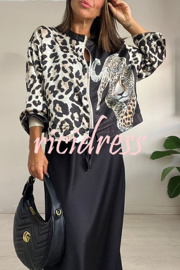 Shiloh Leopard Unique Print Zipper Drawstring Hem Bomber Jacket