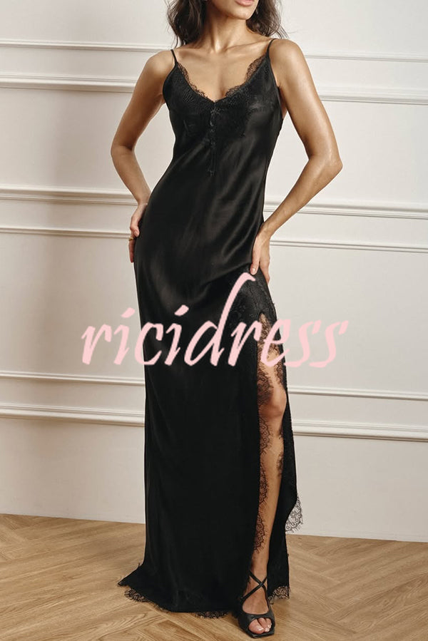 Elegant Splicing Lace Suspenders V-neck Sexy Slit Maxi Dress