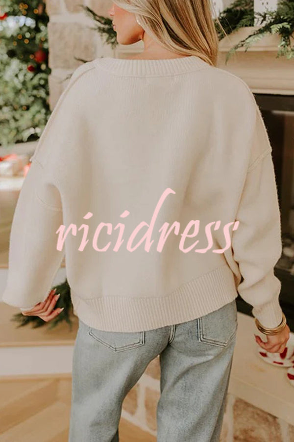 Nutcracker Nights Cross Stitch Knit Long Sleeve Loose Sweater