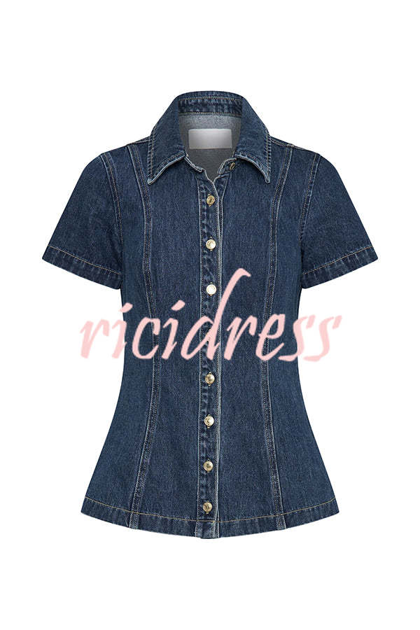 Modern Flavor Denim Short Sleeve Button Up Princess Seams Stretch Top