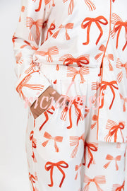 Christmas Bow Print Long Sleeve Shirt and Elastic Waist Pocket Pants Set