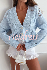 Fashion Hollow Long Sleeve V-neck Button Loose Knitted Cardigan