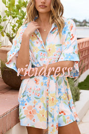 Floral Print Lapel Half Sleeve Tie Waist Loose Rompers
