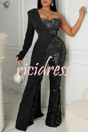 Fashionable Sequined Patchwork One-sided Long-sleeved Asymmetrical Jumpsuit