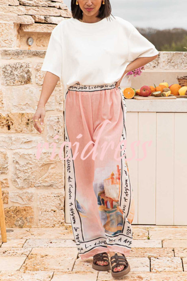 Unique Printed Elastic Waist Vacation Casual Wide Leg Pants