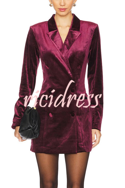 Holiday Soiree Solid Color Velvet Lapel Long Sleeve Blazer Mini Dress