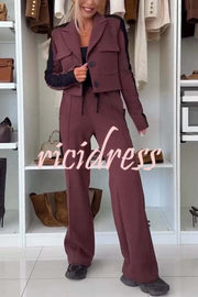 Fashion Lace Panel Long-sleeved Crop Top and Elastic Waist Tie Pocket Casual Pants Set