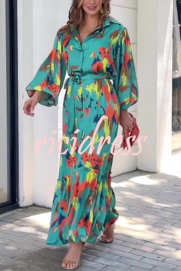 Multicolor Printed Lapel Balloon Sleeves Tie-waist Maxi Dress