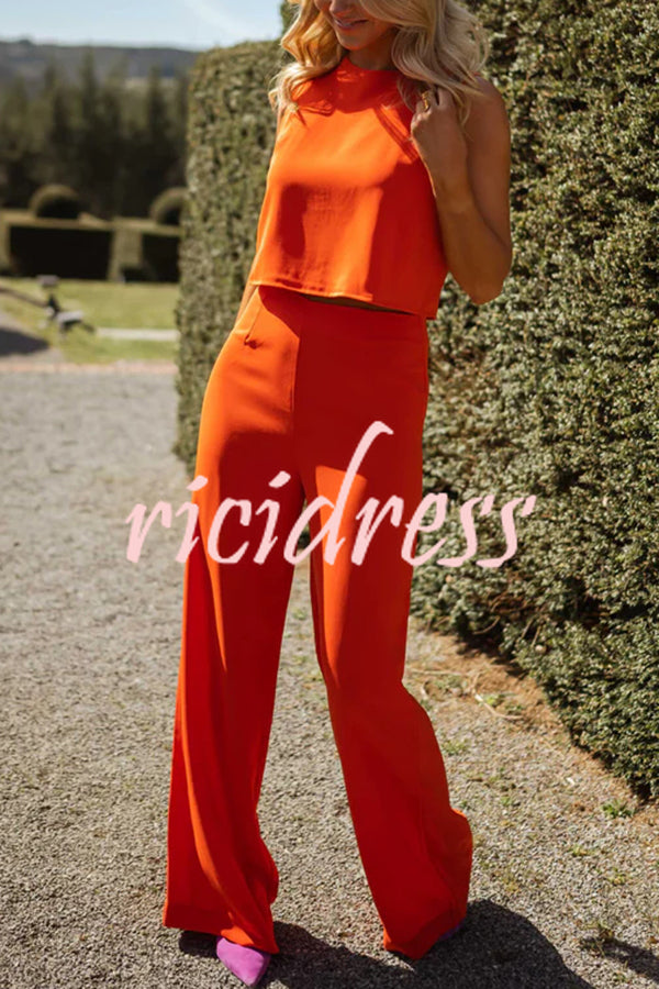 Modern and Elegant Solid Crop Tank and High Rise Flare Loose Pants Set
