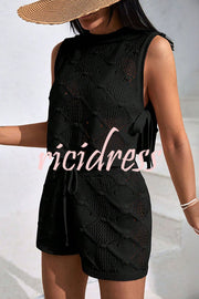 Solid Color Sleeveless Tie Knitted Vest and Loose Elastic Waist Drawstring Shorts Set