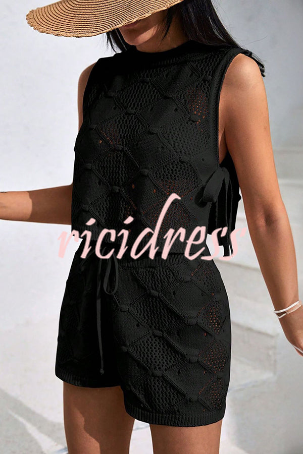 Solid Color Sleeveless Tie Knitted Vest and Loose Elastic Waist Drawstring Shorts Set