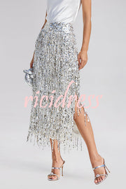 Evening Charm Layered Sequined Tassels High Rise Back Zipper Slit Midi Skirt