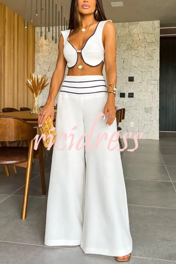 Solid Color Sexy V-neck Sleeveless Top and High-waisted Loose Pants Set