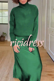 Jaelyn Solid Color Turtleneck Long Sleeve Sweater and Satin Elastic Waist Maxi Skirt Set