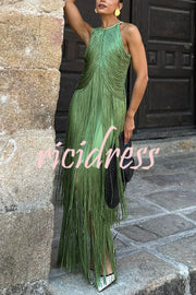 Fashion Sleeveless Halter Neck Elegant Tassel Slim Maxi Dress