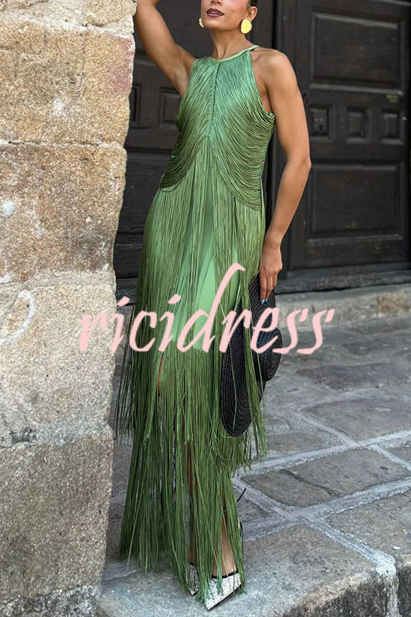 Fashion Sleeveless Halter Neck Elegant Tassel Slim Maxi Dress