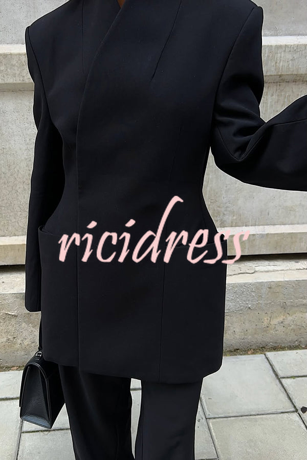 Solid Color Lapel Long Sleeve Casual Pocket Long Blazer