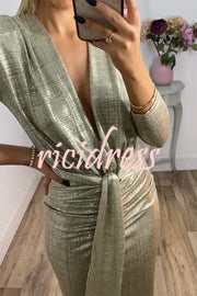 Shiny Lady Metallic Fabric Padded Long Sleeve Tie-up Ruched Midi Dress