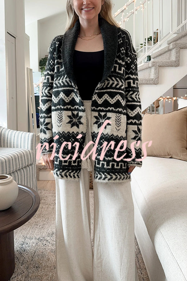 Winter Snowflake Waist Tie Lapel Midi Pocket Knit Cardigan