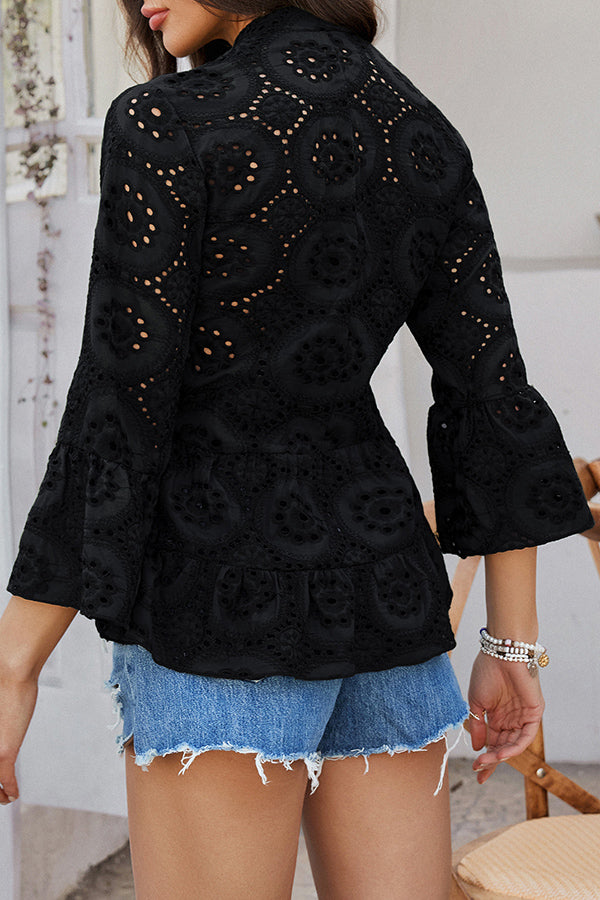 Solid Color Casual Resort Style Hollow V-neck Shirt