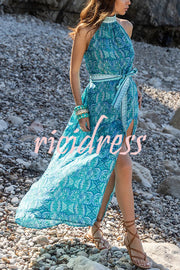 Unique Print Sexy Off-the-shoulder Waist Tie Slit Holiday Midi Dresses