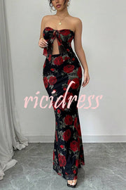 Floral Print Sexy Bandeau Lace-up Top and Slim Mesh Stretch Maxi Skirt Set