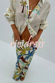 Linen Blend Resort Coconut Palm Print Long Sleeve Lapel Shirt and Elastic Waist Casual Pocket Shorts Set