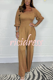 Casual and Comfortable Smocked Solid Color Wide Leg Jumpsuit