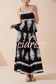 Unique Ethnic Print Suspender Pleated Top and Elastic Waist Loose Wide-leg Pants Set