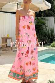 Linen Blend Unique Printed Strapless Holiday Loose Maxi Dress