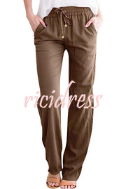 Soft Breathable Solid Color Drawstring Elastic Waist Long Straight Pants