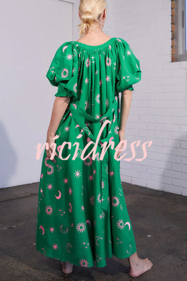 Relaxed Look Sun Moon and Stars Print Puff Sleeve Button Pocketed Loose Maxi Dress