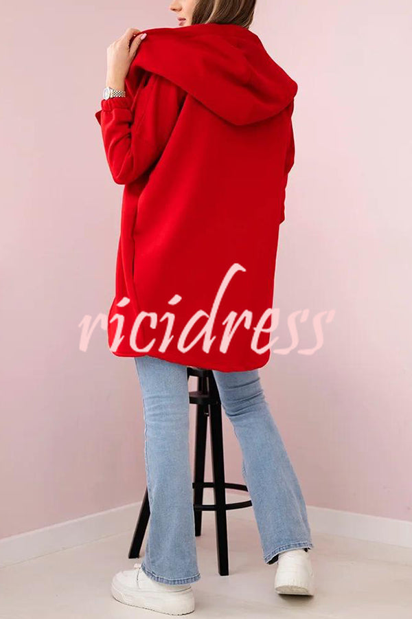 Solid Color Loose Hooded Zip-up Casual Sports Jacket