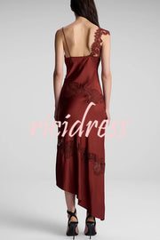 Sexy Lace Stitching Suspender V-neck Asymmetrical Maxi Dress