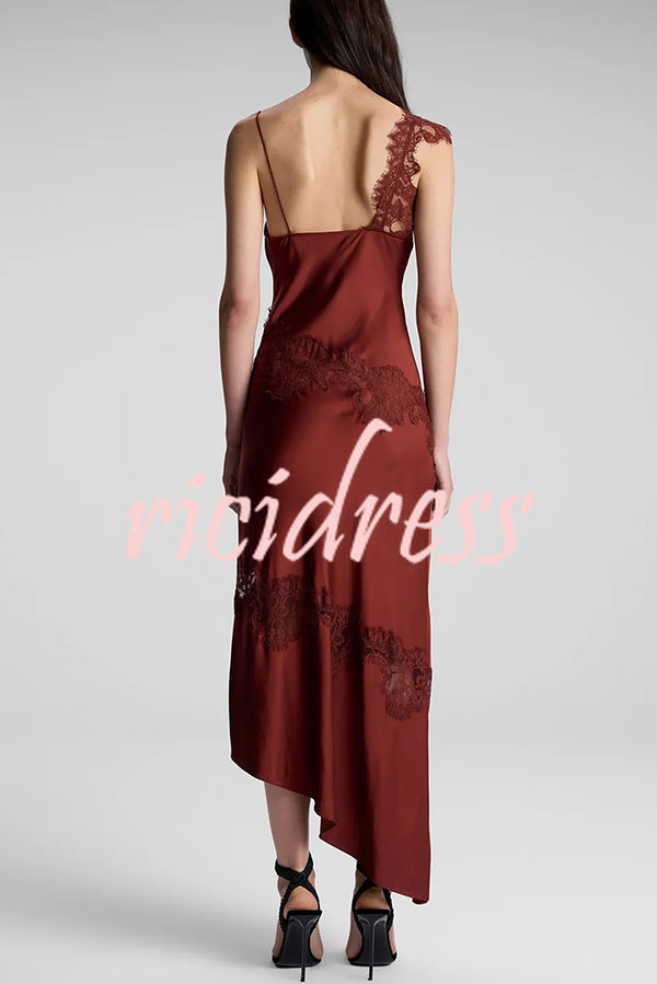 Sexy Lace Stitching Suspender V-neck Asymmetrical Maxi Dress