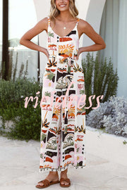 Unique Beach Vacation Print V-neck Suspenders Casual Wide-leg Jumpsuit