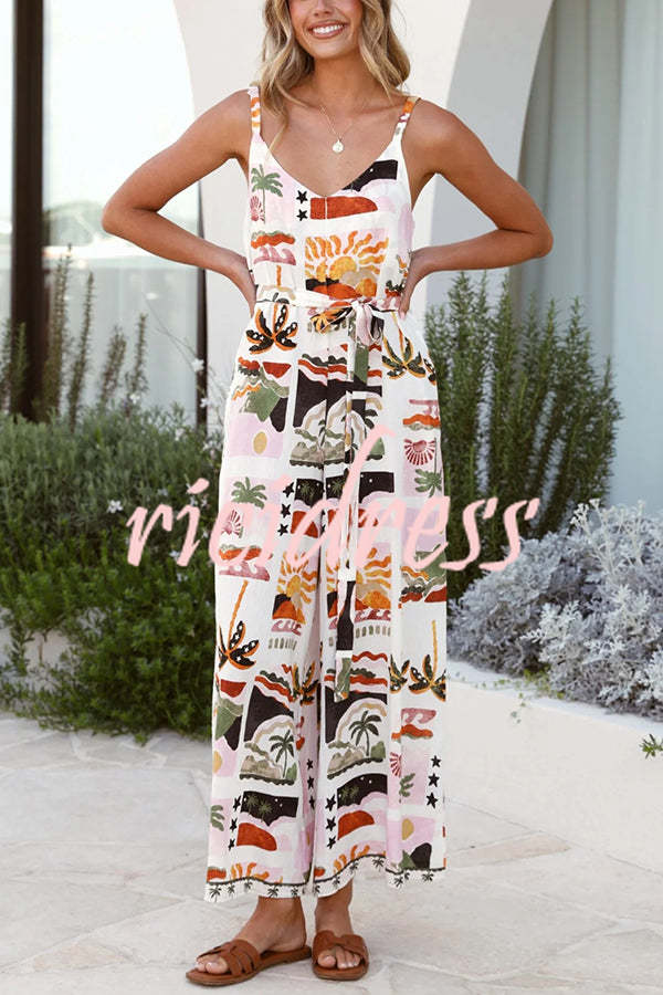 Unique Beach Vacation Print V-neck Suspenders Casual Wide-leg Jumpsuit