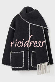 Stylish Loose Pocket Long Sleeve Coat and Warm Fringed Scarf