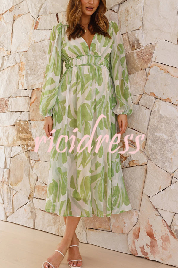 Unique Print Long Sleeve V-Neck Waist Midi Dress